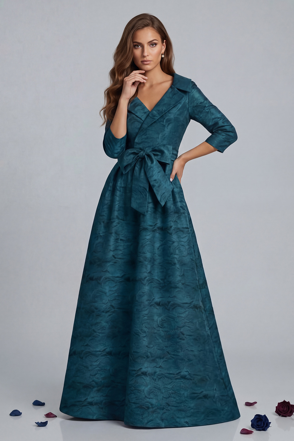 Burgundy Jacquard A Line Notched Lapel Long Mother of the Bride Dress with Bow