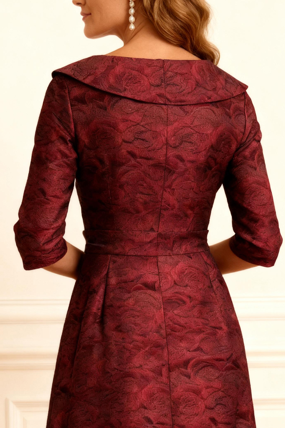 Burgundy Jacquard A Line V-Neck Floor-Length Mother of the Bride Dress with Bow