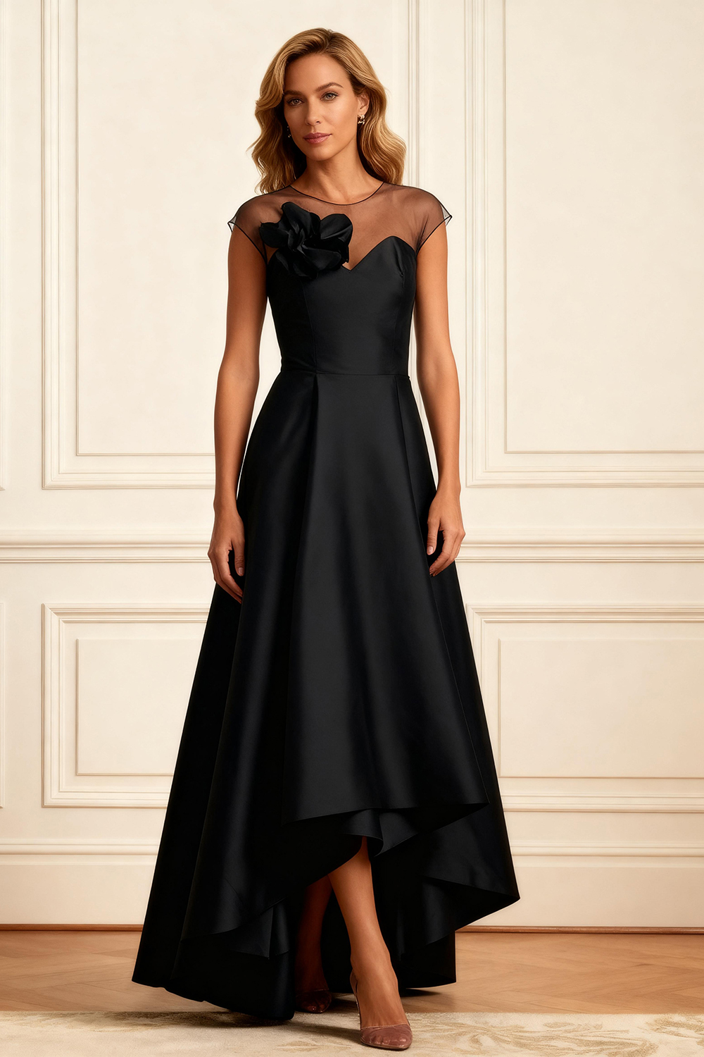 Black A Line Illusion Neck High-Low Mother of the Bride Dress with 3D Flower