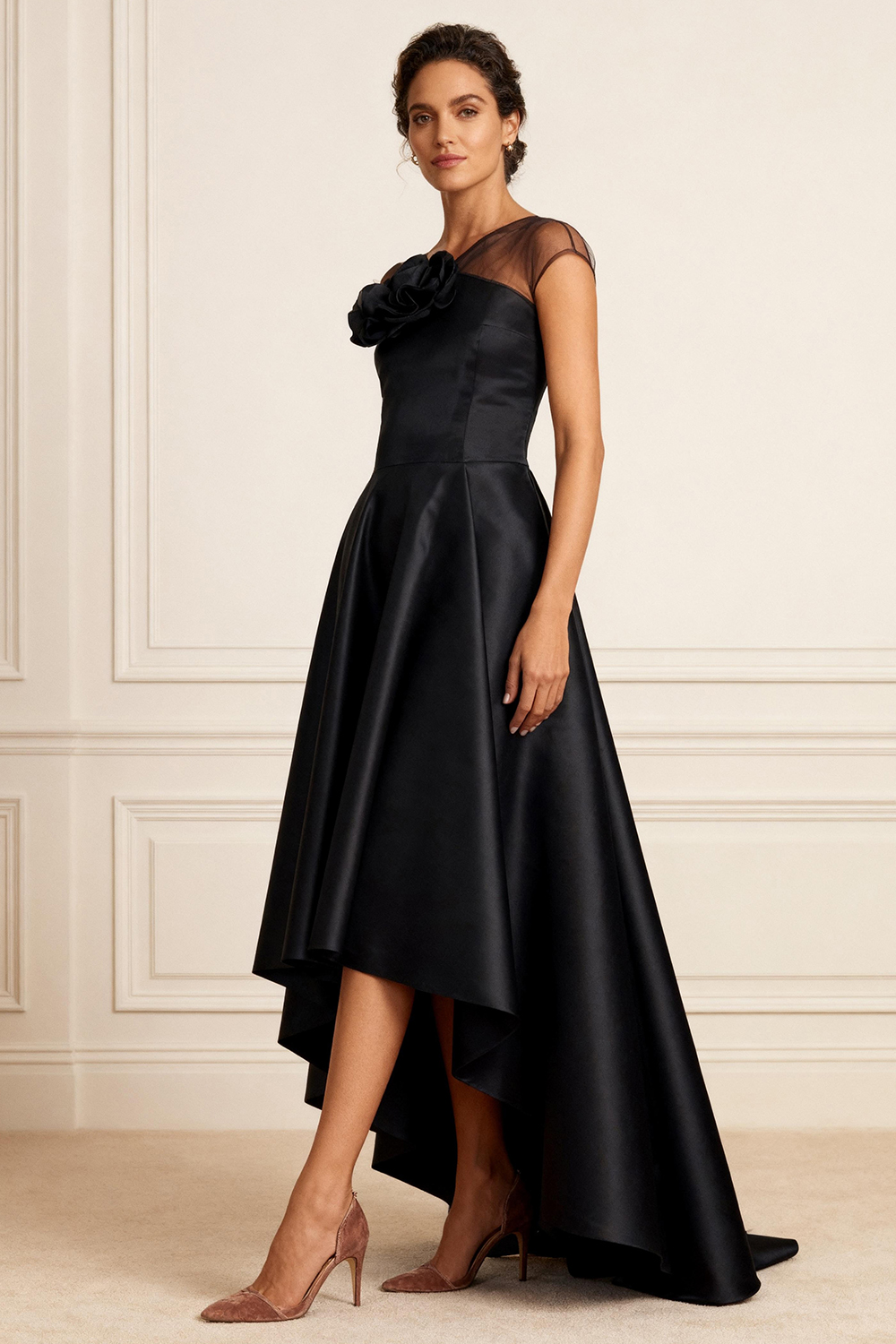 Black A Line Illusion Neck High-Low Mother of the Bride Dress with 3D Flower