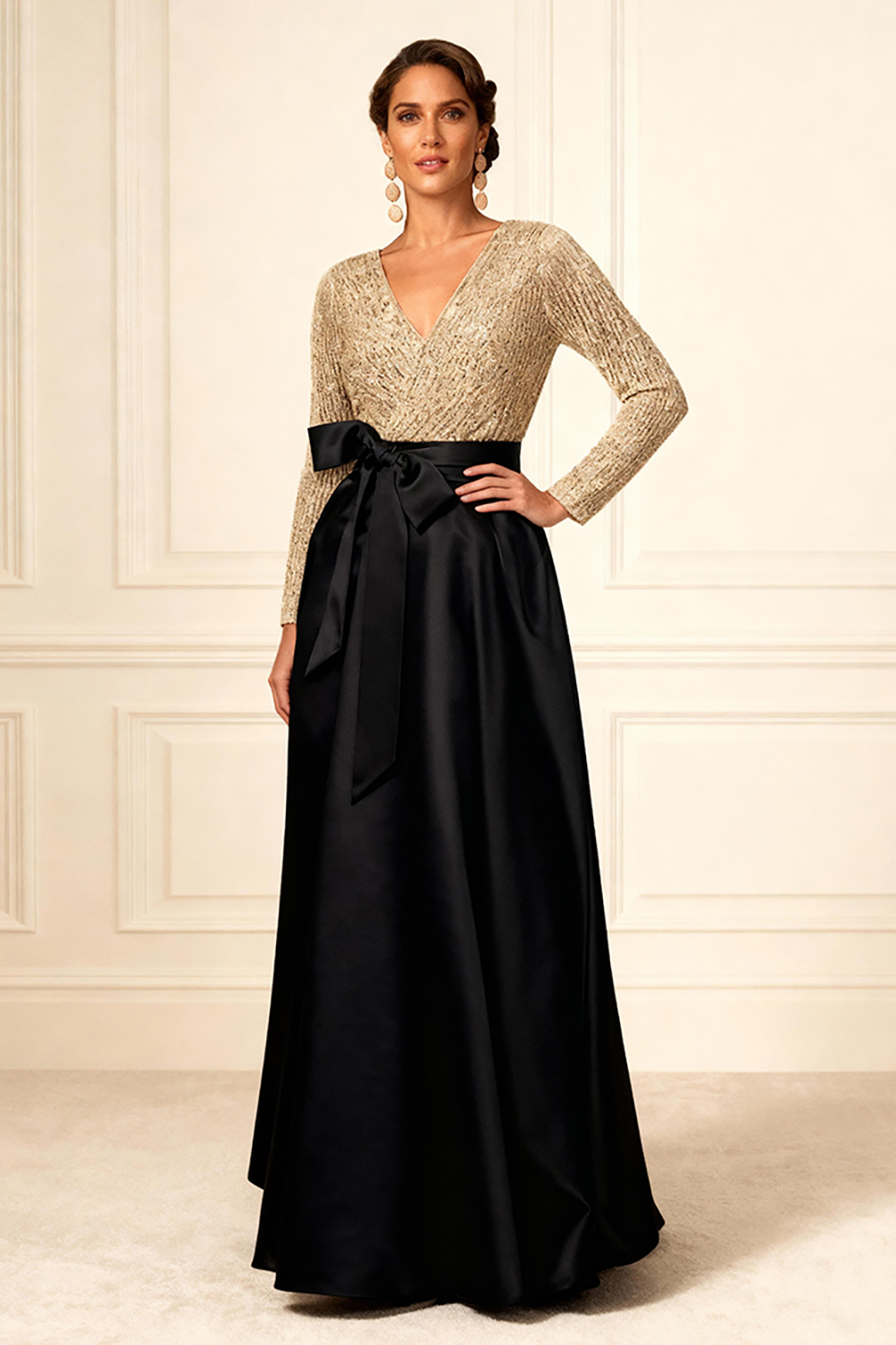 Sparkly Black Sequins V-Neck Floor-Length Mother of the Bride Dress with Bow