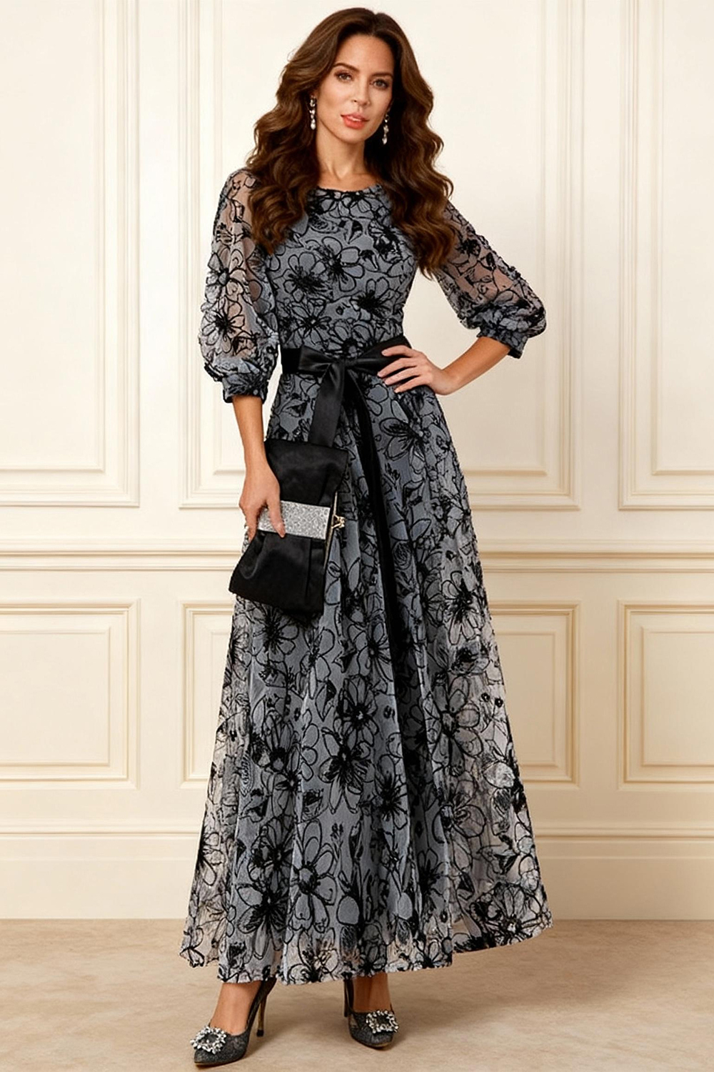 Grey Lace A Line Ankle-Length Mother of the Bride Dress with Bow