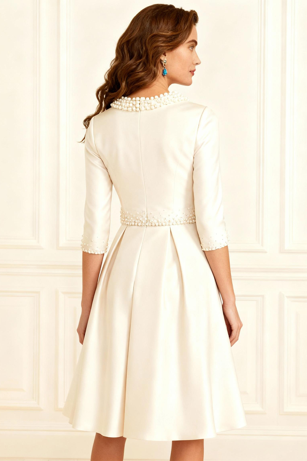 Sparkly Ivory Satin A Line Knee-Length Mother of the Bride Dress with Beading