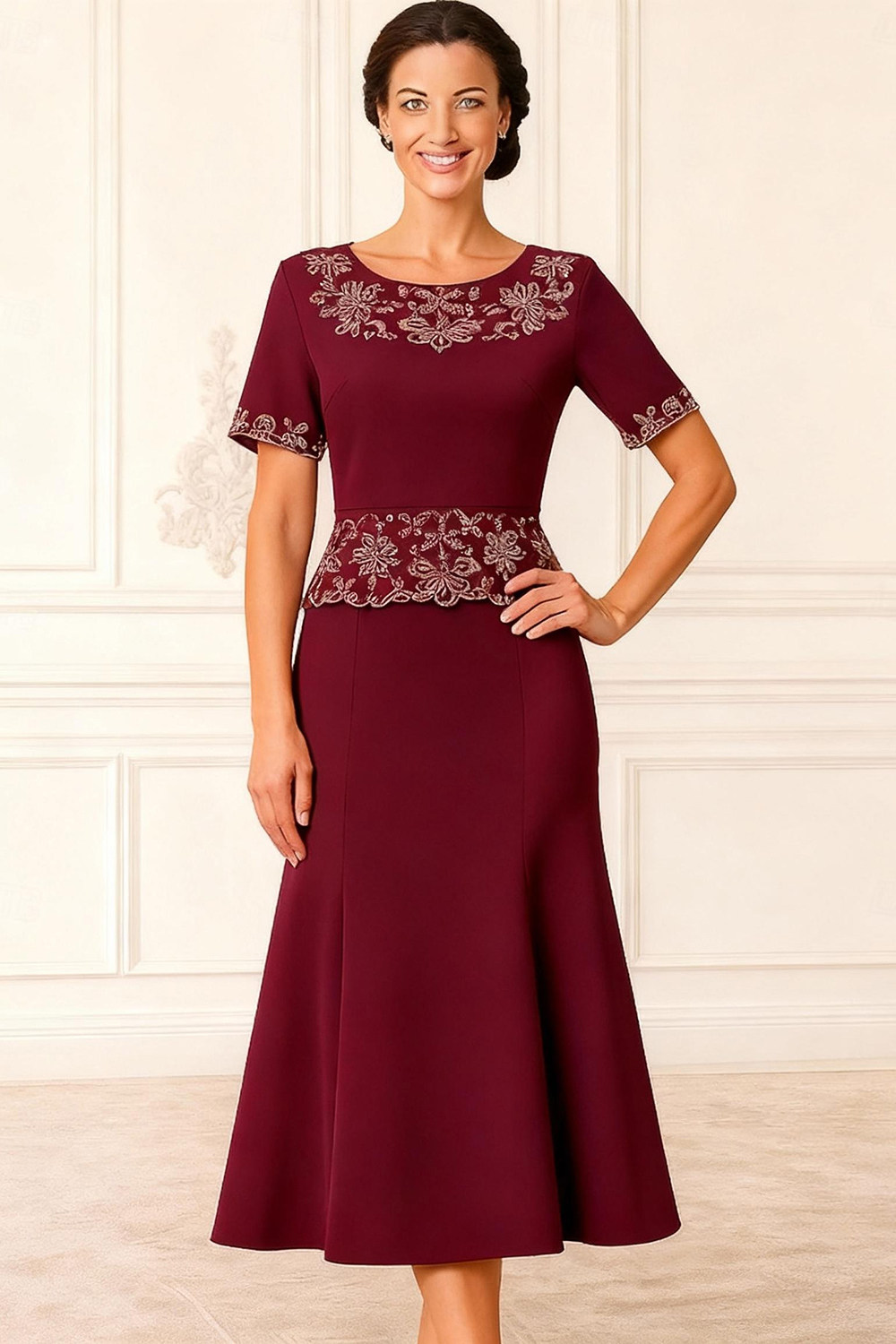 Burgundy Mermaid Satin Tea-Length Mother of the Bride Dress with Lace