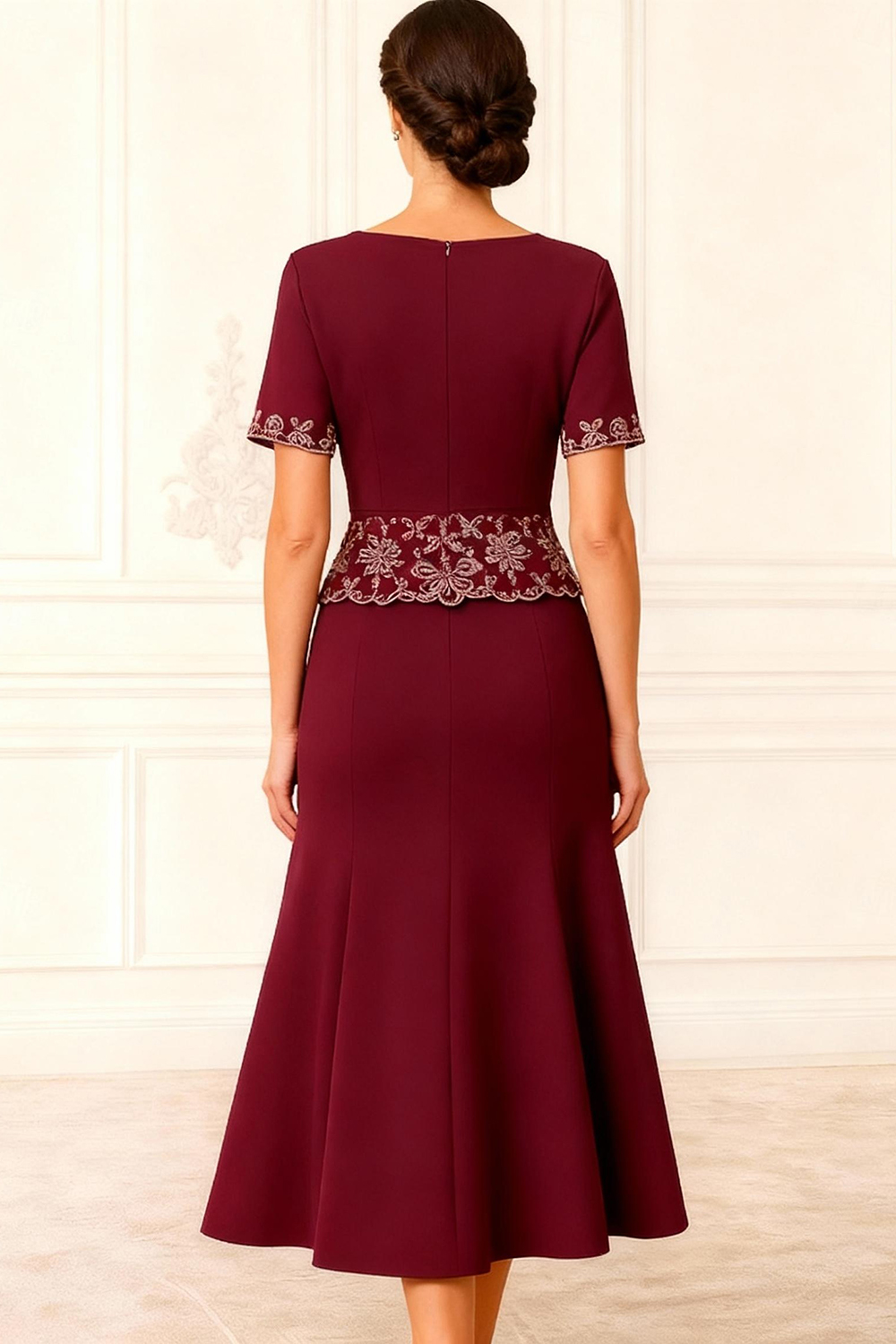 Burgundy Mermaid Satin Tea-Length Mother of the Bride Dress with Lace