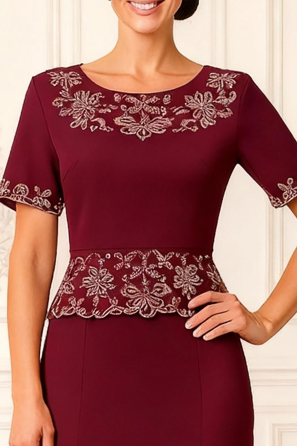 Burgundy Mermaid Satin Tea-Length Mother of the Bride Dress with Lace