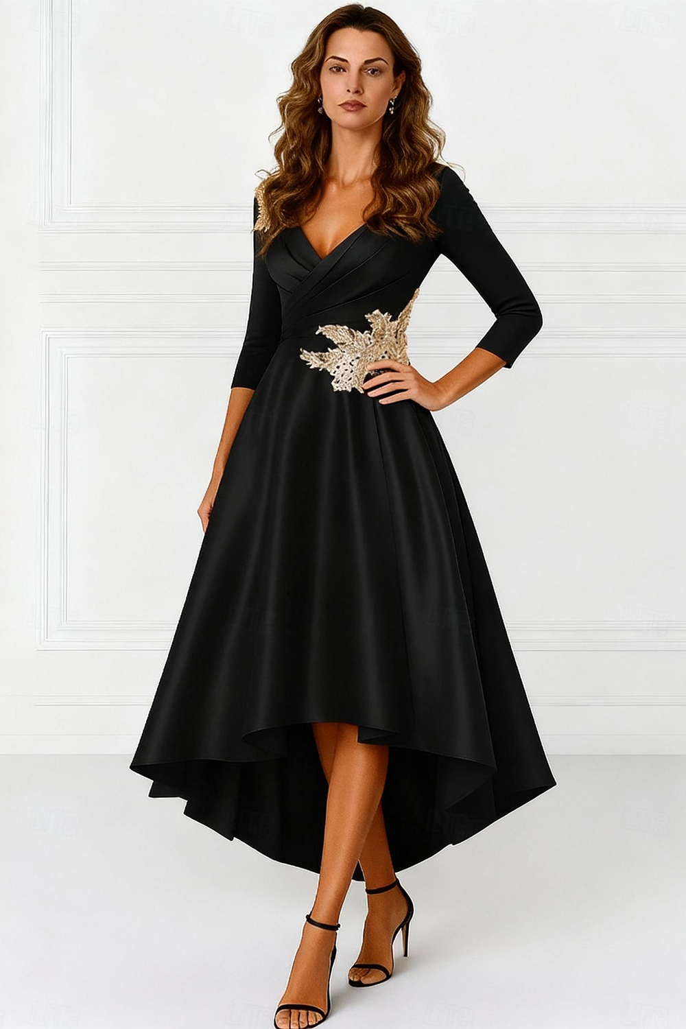 Black V-Neck Satin High-Low Mother of the Bride Dress with Appliques