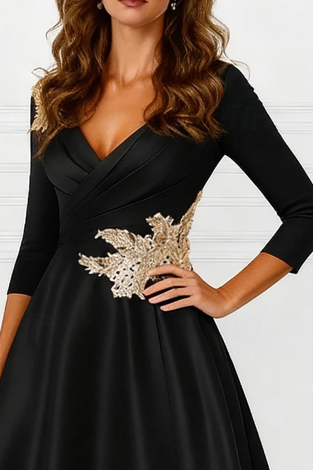 Black V-Neck Satin High-Low Mother of the Bride Dress with Appliques