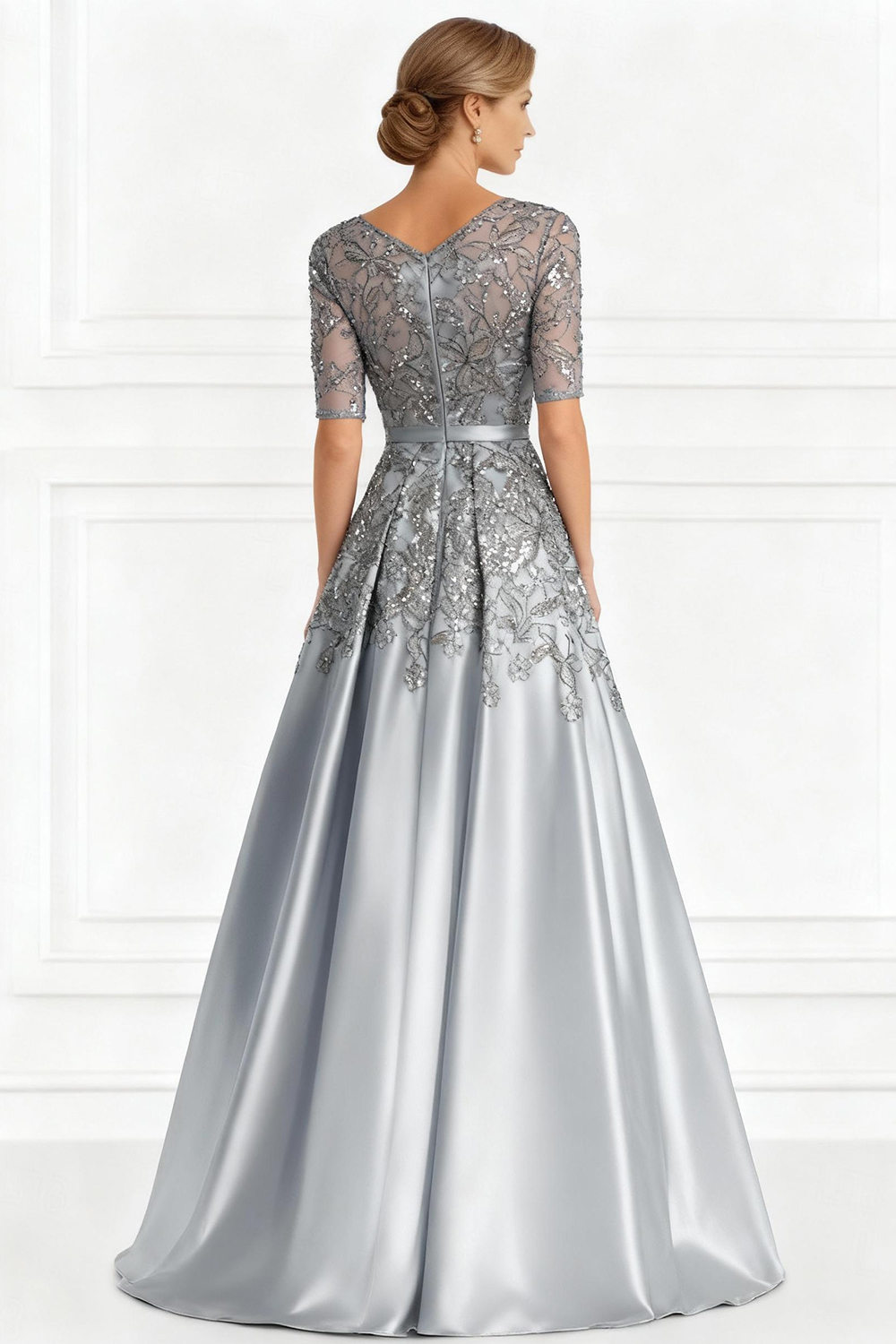 Light Grey A Line Satin Floor-Length Mother of the Bride Drees with Lace