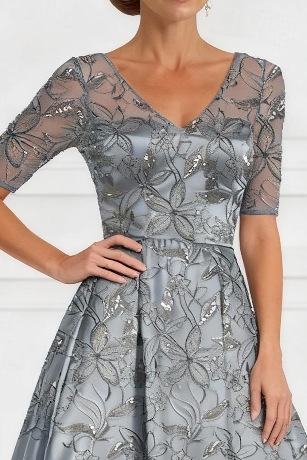 Light Grey A Line Satin Floor-Length Mother of the Bride Drees with Lace