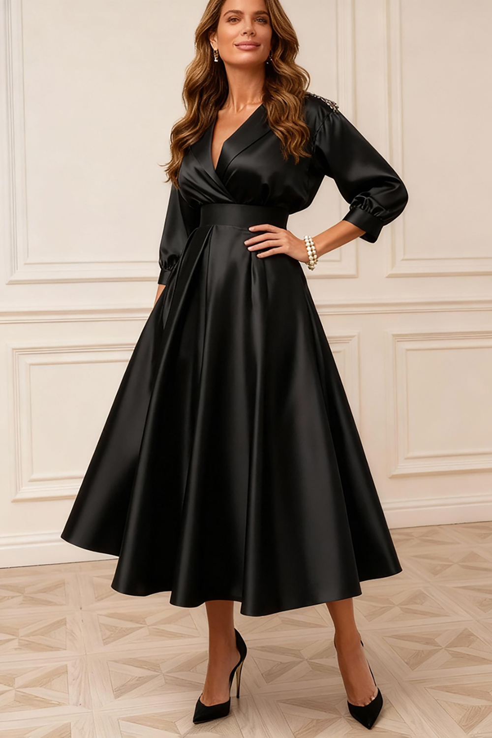 Sparkly Black V-Neck Satin Tea-Length Mother of the Bride Dress with Beading
