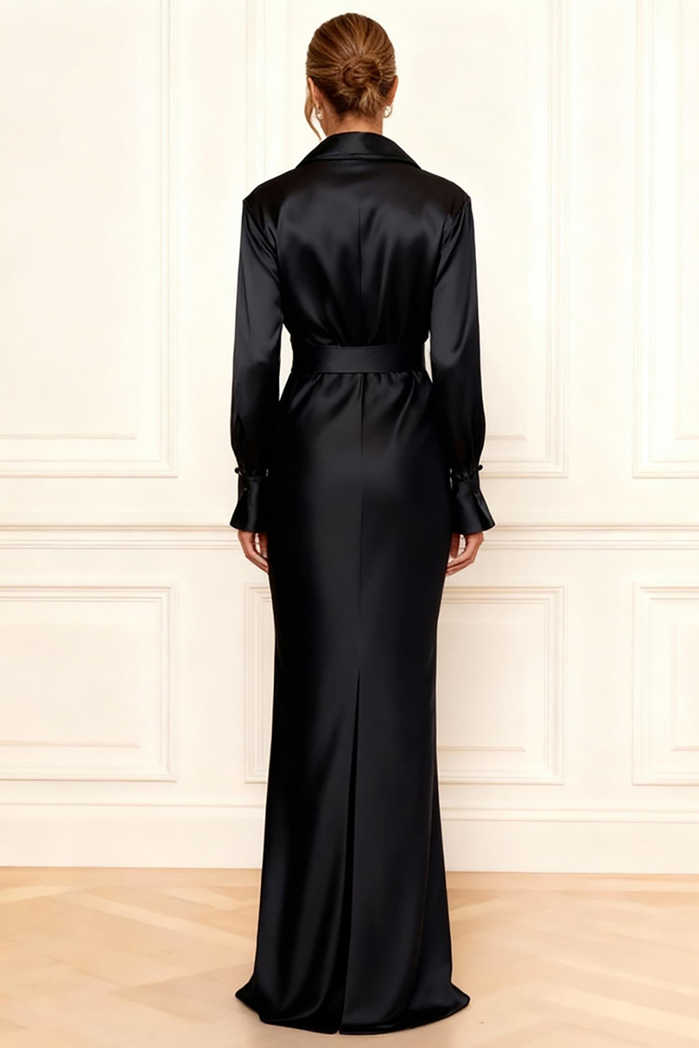 Black Sheath Satin V-Neck Floor-Length Mother of the Bride Dress with Ruffles