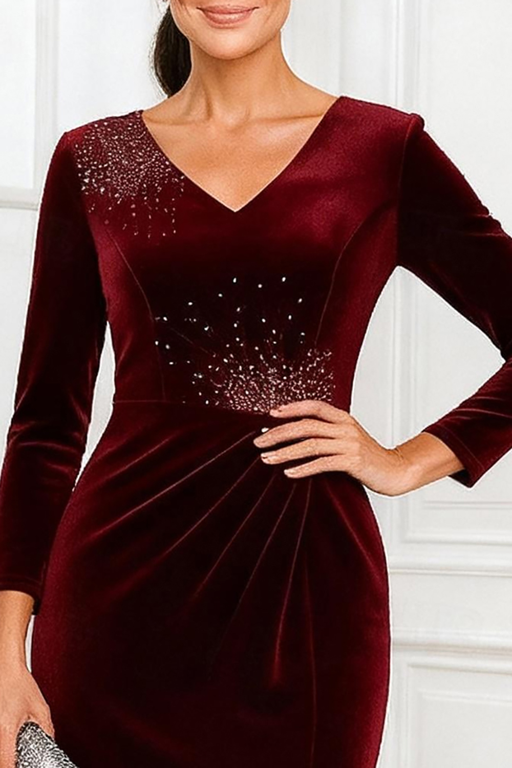 Sparkly Burgundy Beaded Velvet Tea-Length Mother of the Bride Dress with Slit