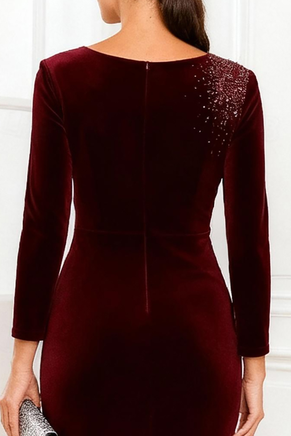 Sparkly Burgundy Beaded Velvet Tea-Length Mother of the Bride Dress with Slit