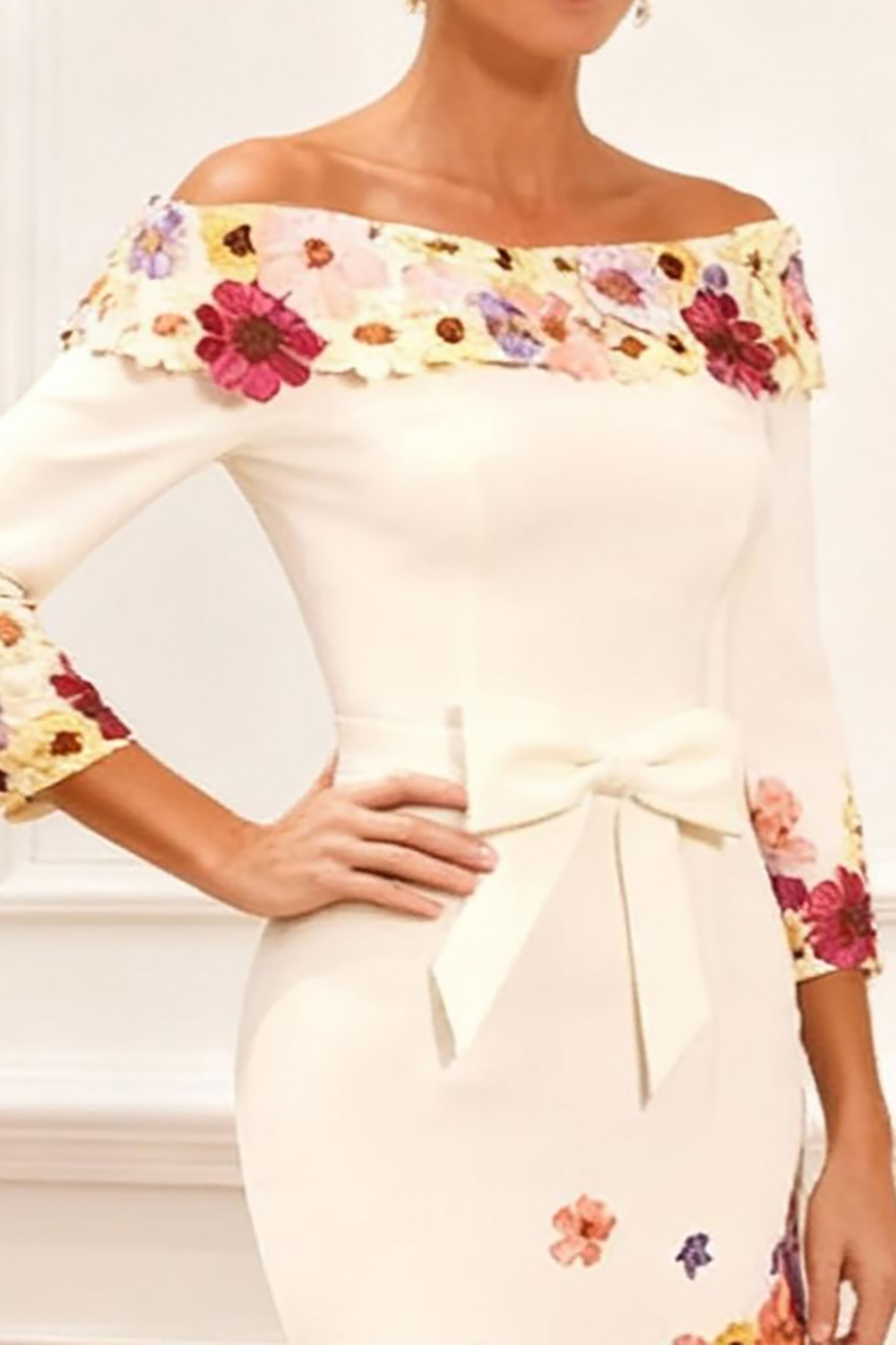 White Flower Off the Shoulder Tea-Length Mother of the Bride Dress with Bow