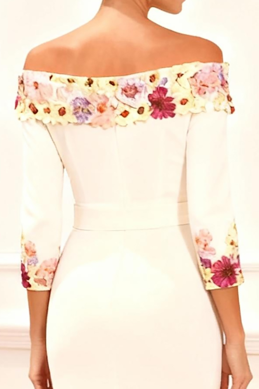 White Flower Off the Shoulder Tea-Length Mother of the Bride Dress with Bow