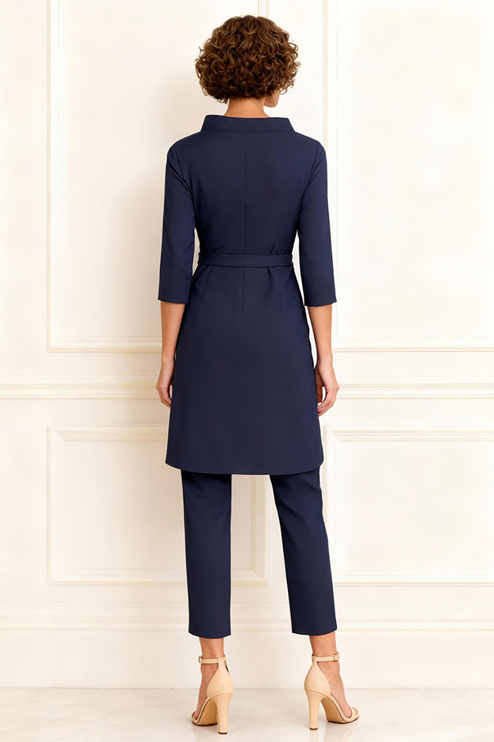 Dark Navy V-Neck 2 Piece Mother of the Bride Pant Suits with Jacket