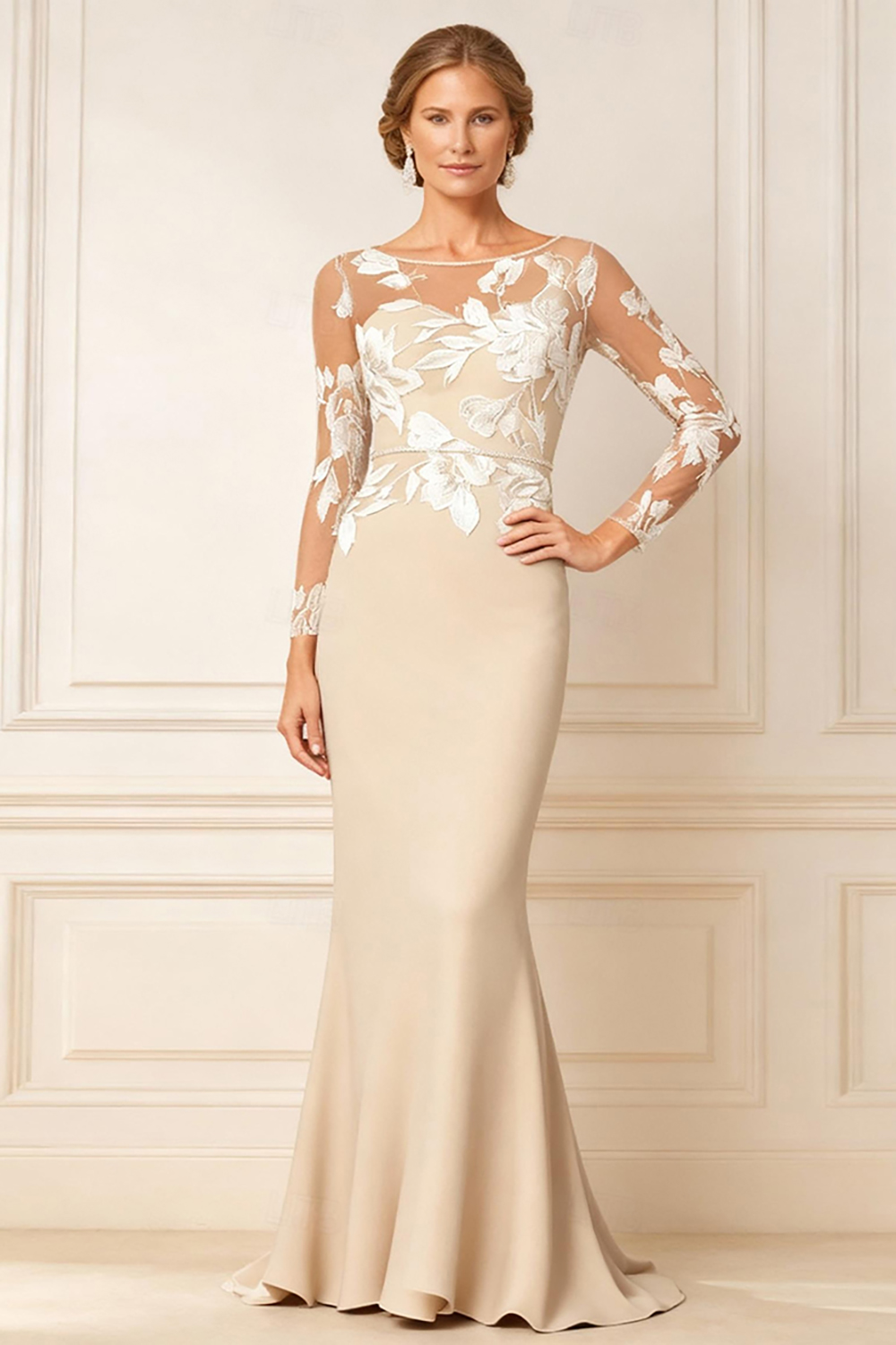 Champagne Mermaid Satin Floor-Length Mother of the Bride Dress with Lace