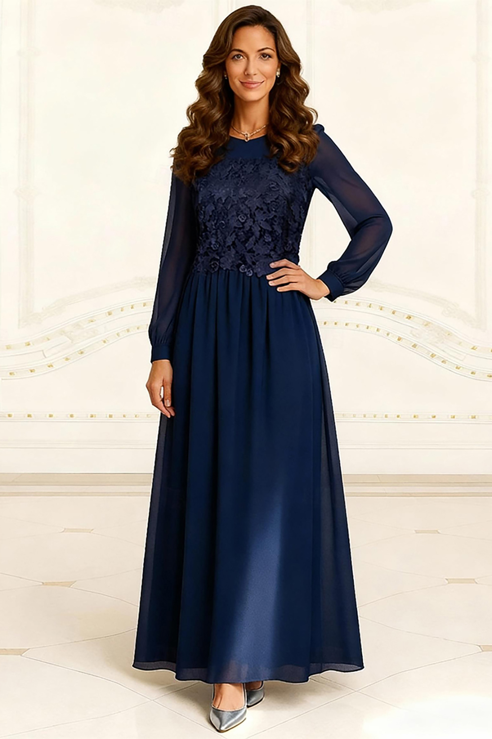 Dark Navy Chiffon A Line Floor-Length Mother of the Bride Dress with Lace