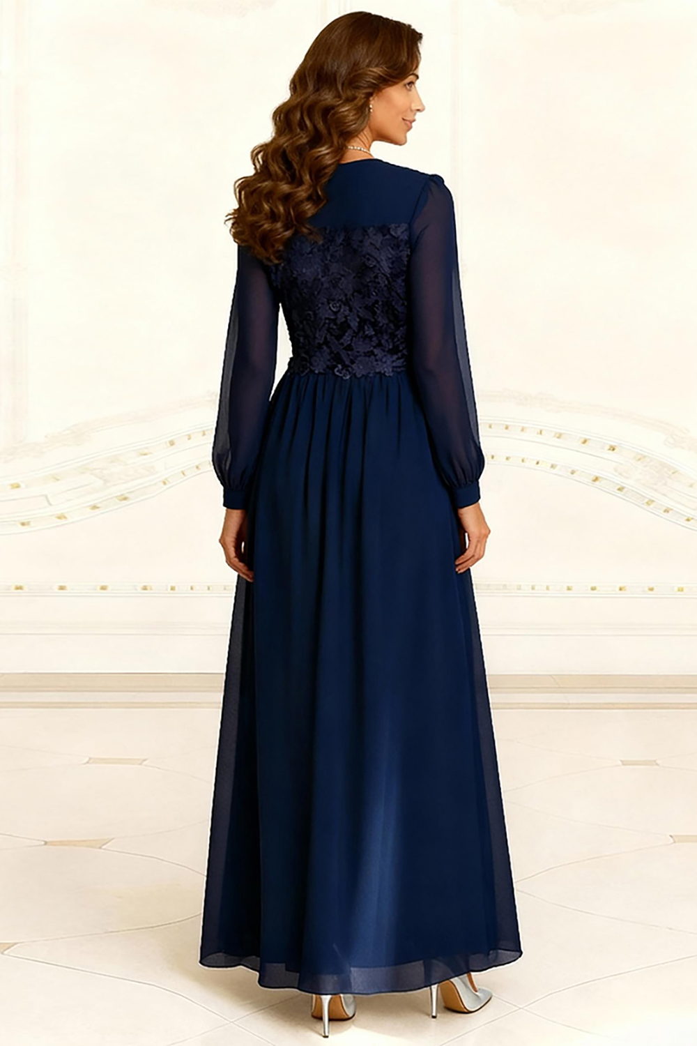 Dark Navy Chiffon A Line Floor-Length Mother of the Bride Dress with Lace
