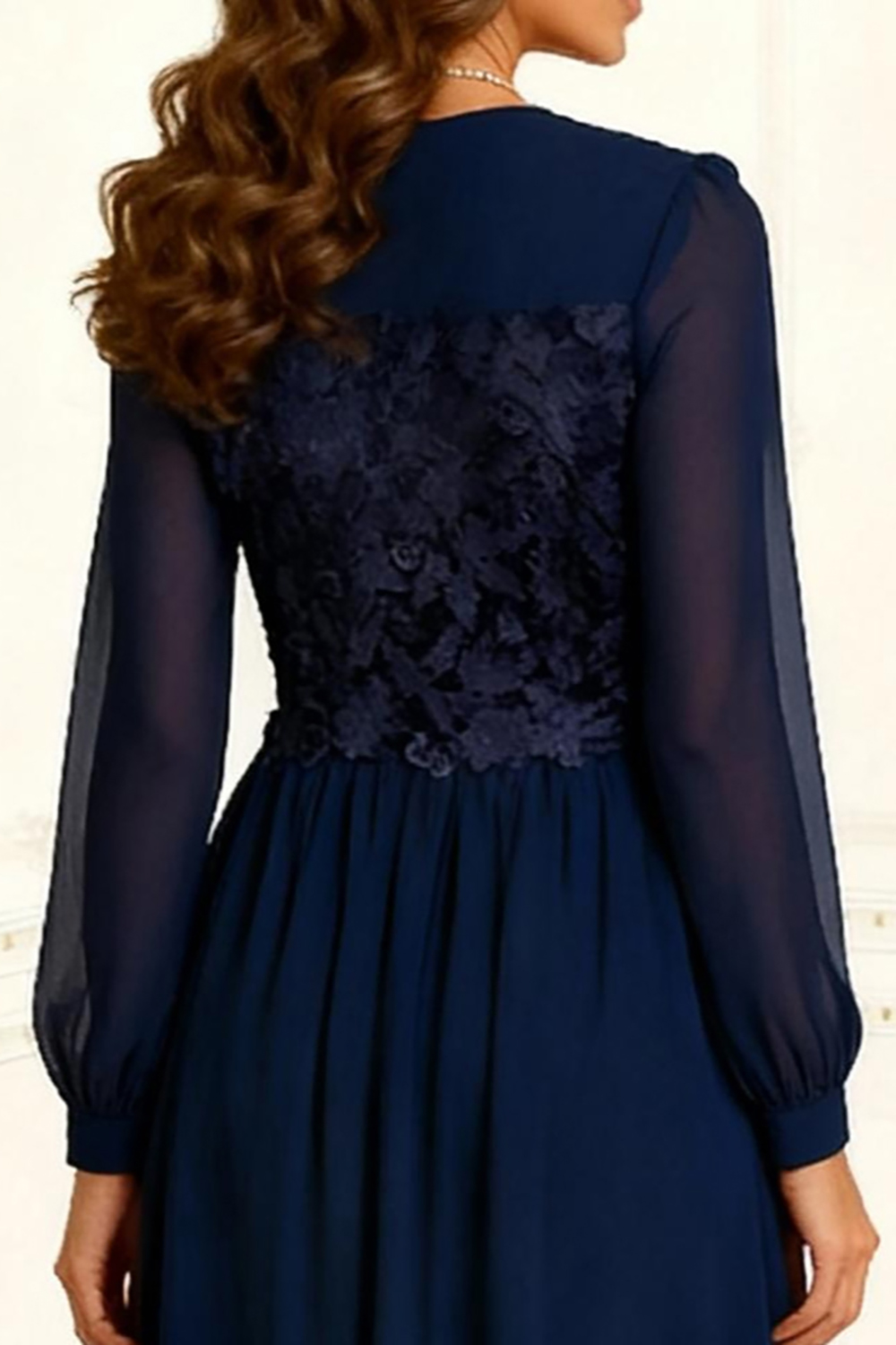 Dark Navy Chiffon A Line Floor-Length Mother of the Bride Dress with Lace