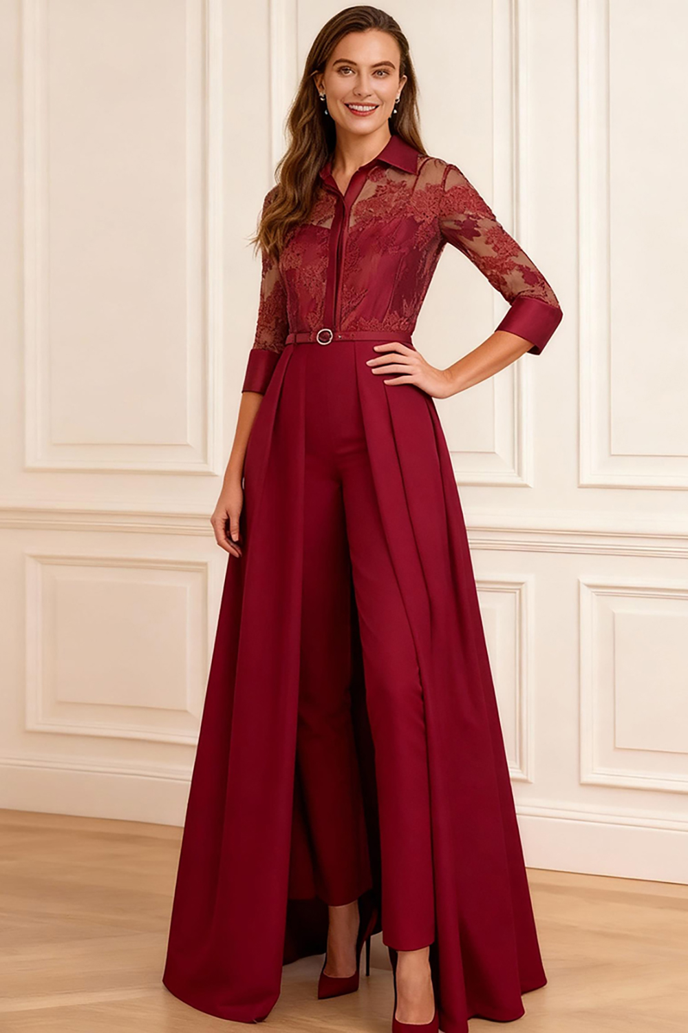 Red Satin Lapel Floor-Length Mother of the Bride Jumpsuits with Cape