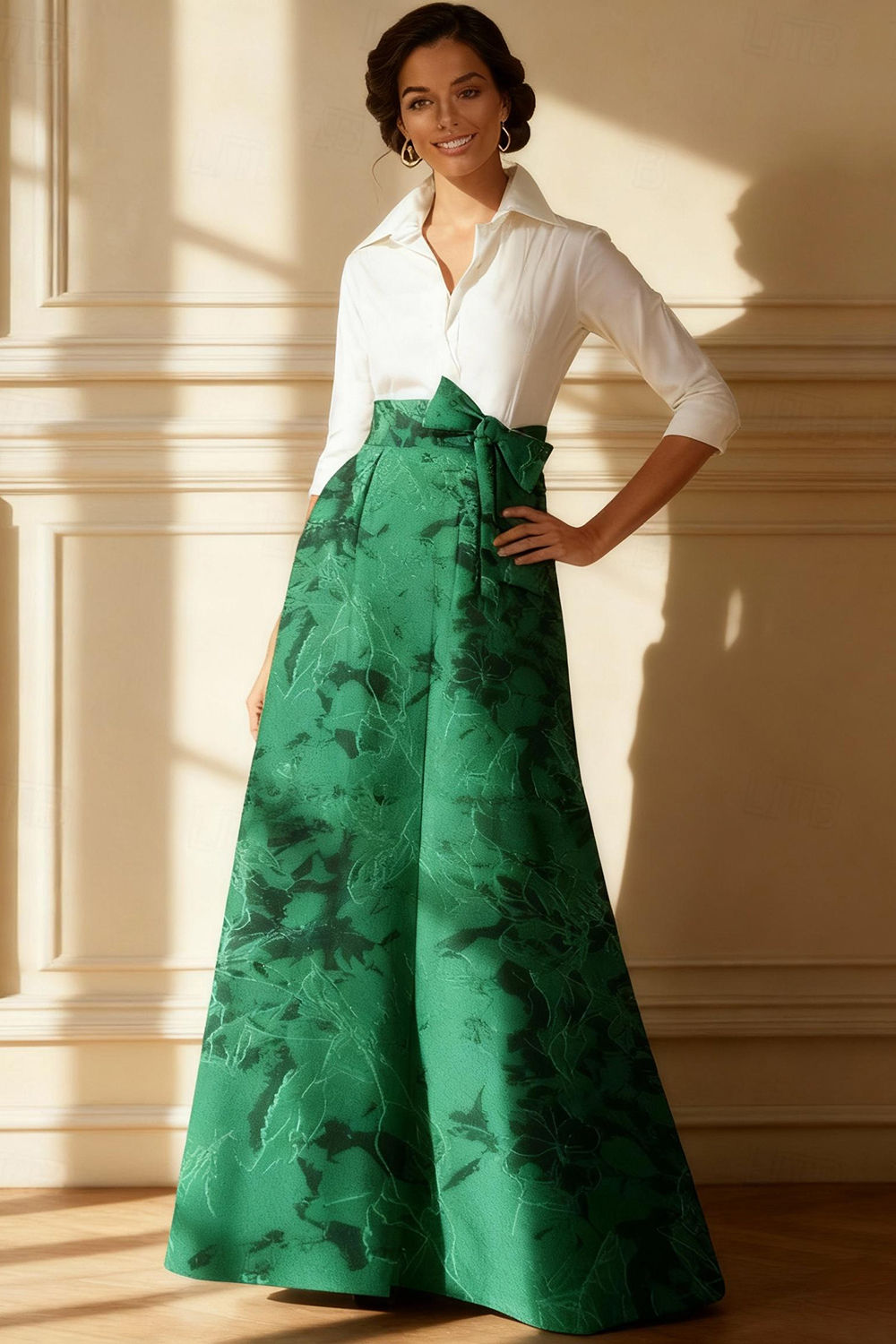 Dark Green Jacquard Lapel Floor-Length Mother of the Bride Dress with Bow