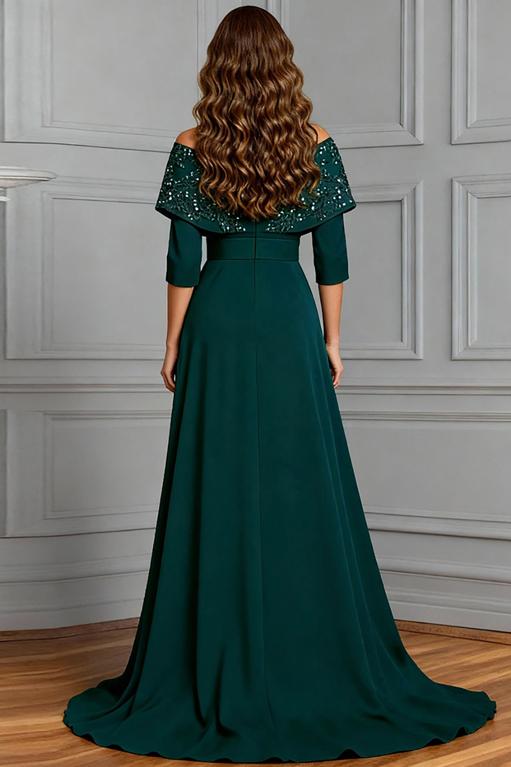 Sparkly Dark Green Sequins Floor-Length Mother of the Bride Jumpsuits with Cape