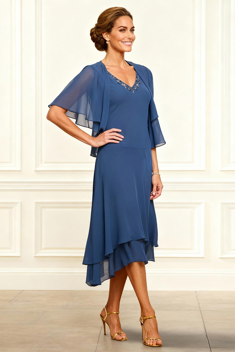 Sparkly Grey Blue V-Neck Beaded 2 Piece Tea-Length Mother of the Bride Dress with Jacket