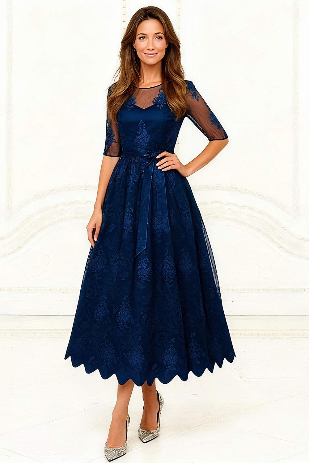 Dark Navy Lace A Line Tea-Length Mother of the Bride Dress with Sash