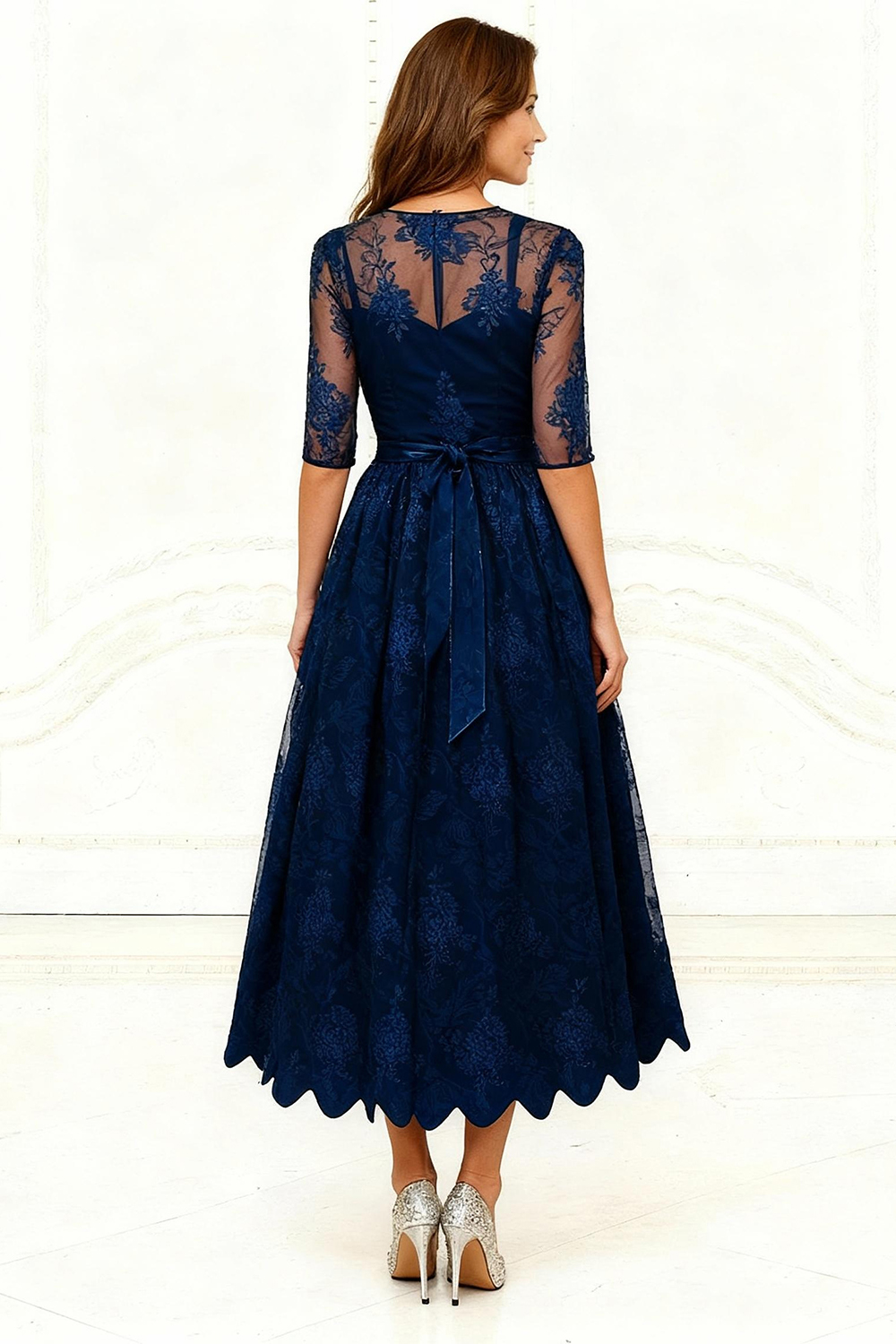 Dark Navy Lace A Line Tea-Length Mother of the Bride Dress with Sash