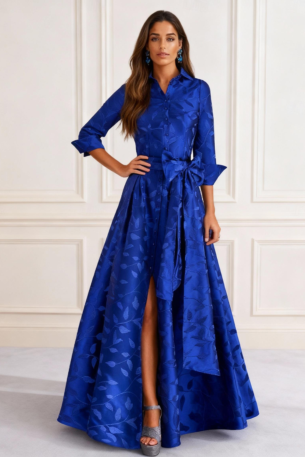 Royal Blue Satin Lapel A Line Floor-Length Mother of the Bride Dress with Slit