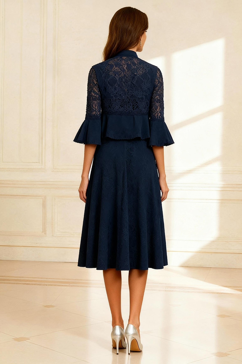 Dark Navy A Line Lace 2 Piece Knee-Length Mother of the Bride Dress with Jacket