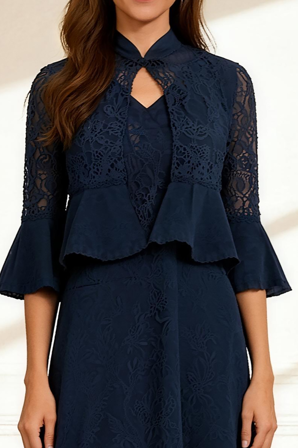 Dark Navy A Line Lace 2 Piece Knee-Length Mother of the Bride Dress with Jacket