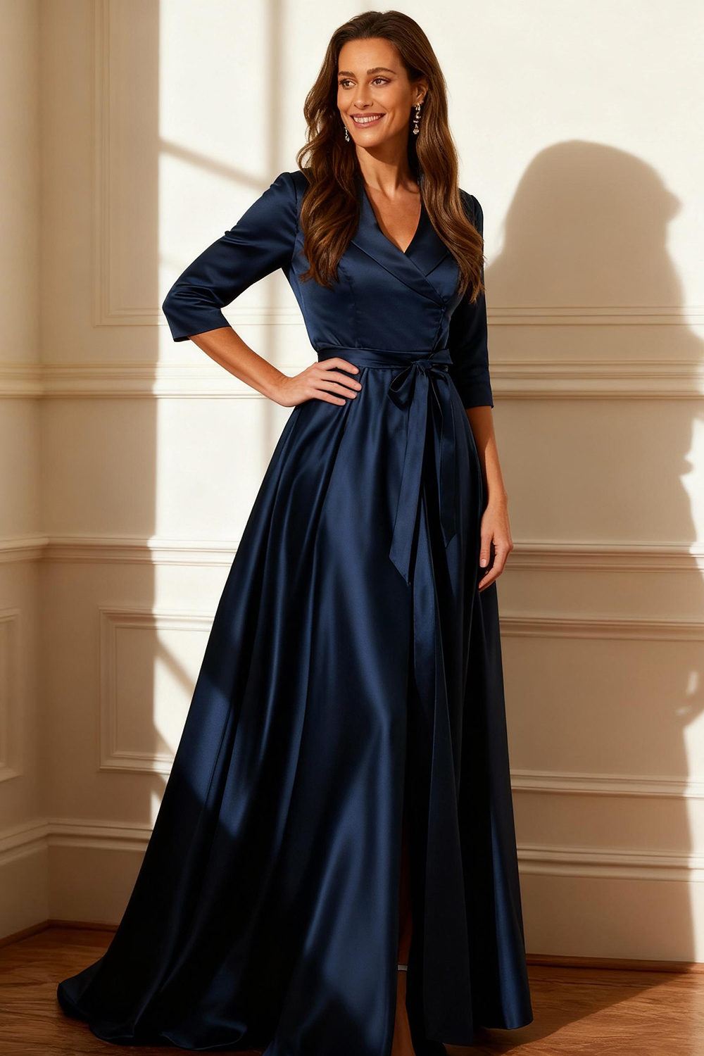 Dark Navy Satin V-Neck Floor-Length Mother of the Bride Dress with Slit