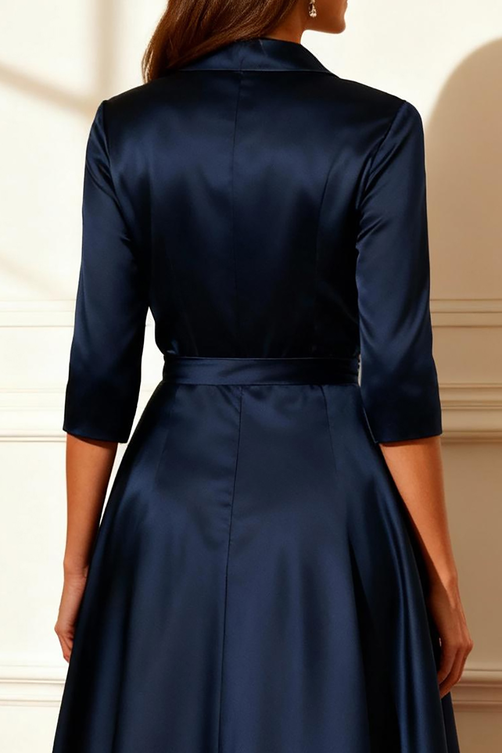 Dark Navy Satin V-Neck Floor-Length Mother of the Bride Dress with Slit