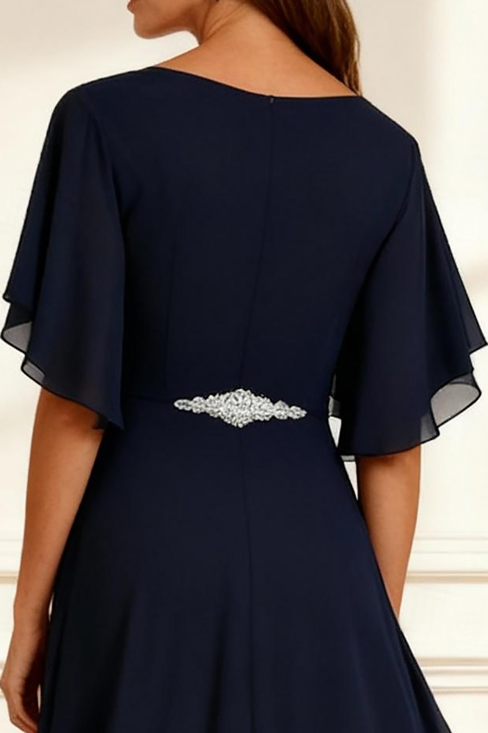 Sparkly Navy V-Neck Beaded Ankle-Length Mother of the Bride Dress with Lace