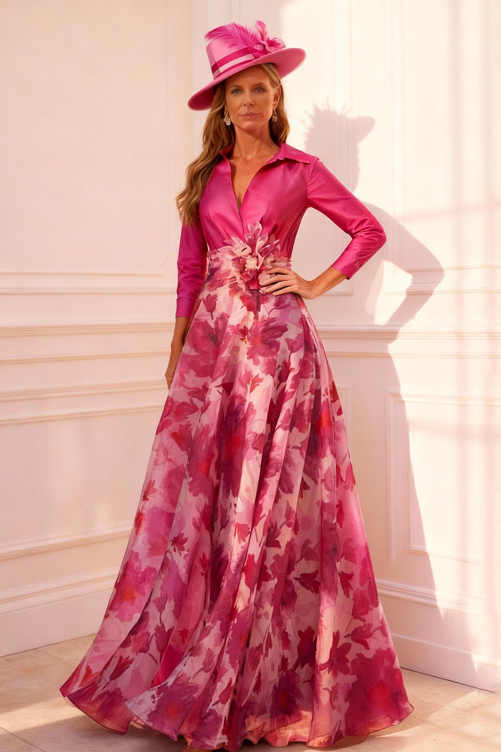 Fuchsia Floral V-Neck A Line Floor-Length Mother of the Bride Dress