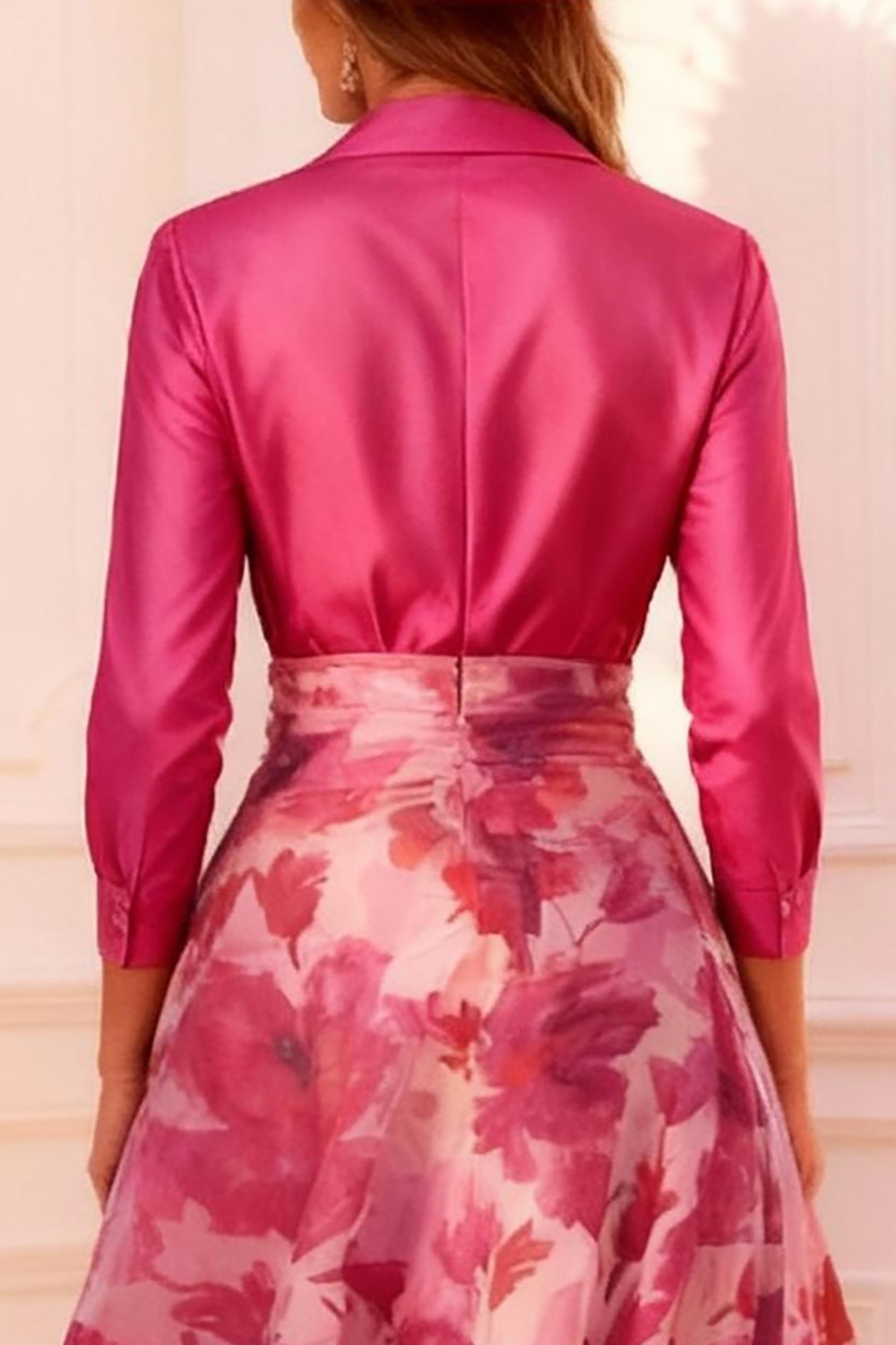 Fuchsia Floral V-Neck A Line Floor-Length Mother of the Bride Dress