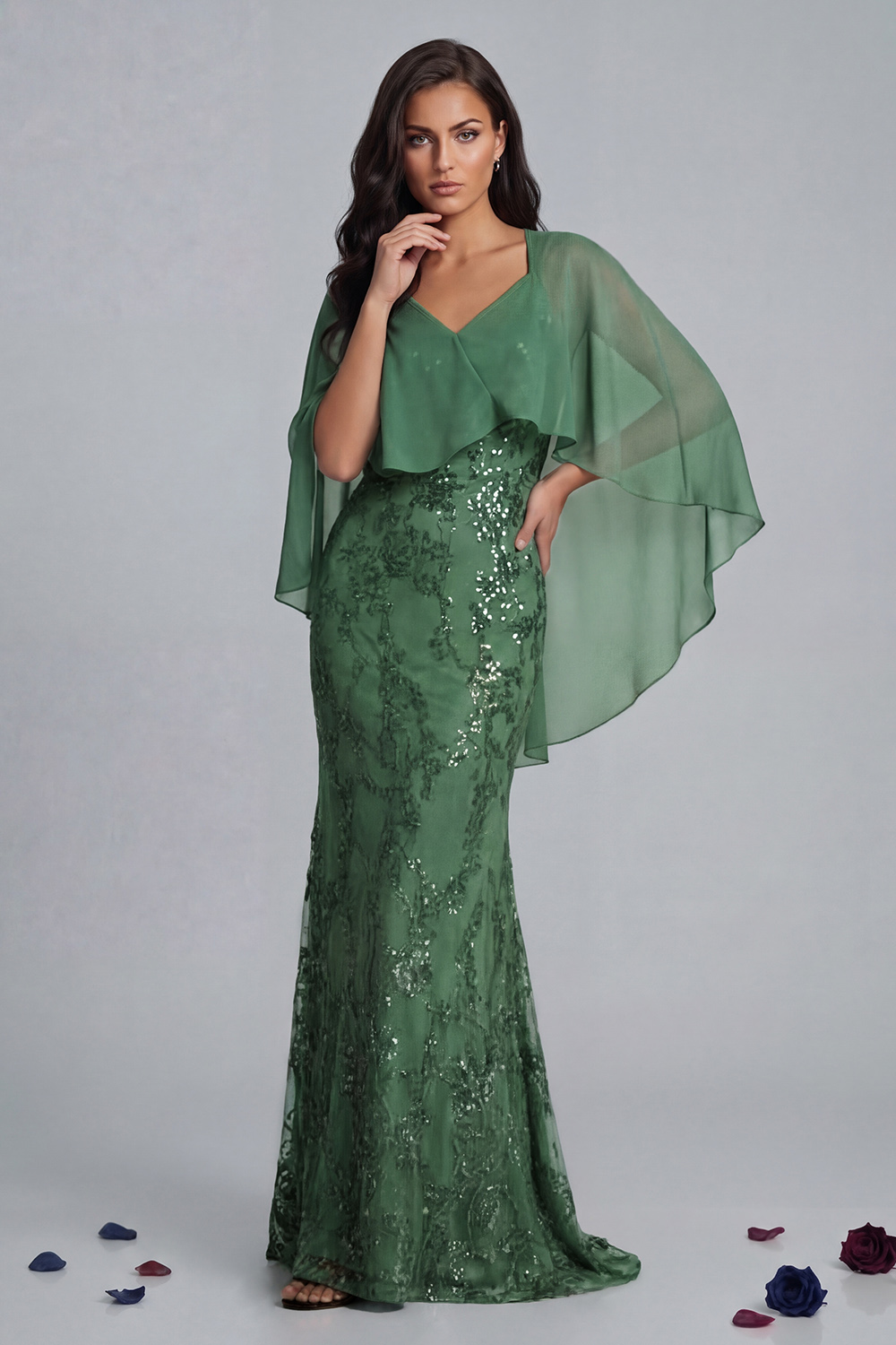 Sparkly Eucalyptus Mermaid Lace Floor-Length Mother of the Bride Dress with Cape