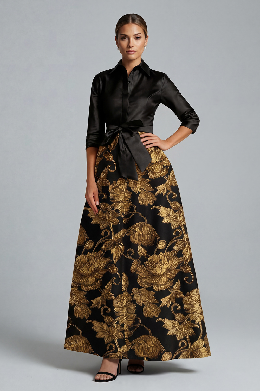 Gold Jacquard A Line Floor-Length Mother of the Bride Dress with Bow