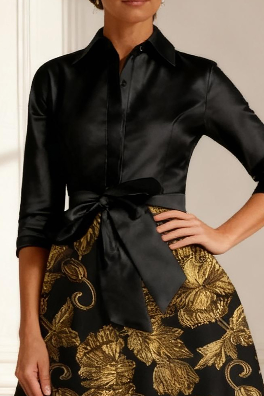 Gold Jacquard A Line Floor-Length Mother of the Bride Dress with Bow