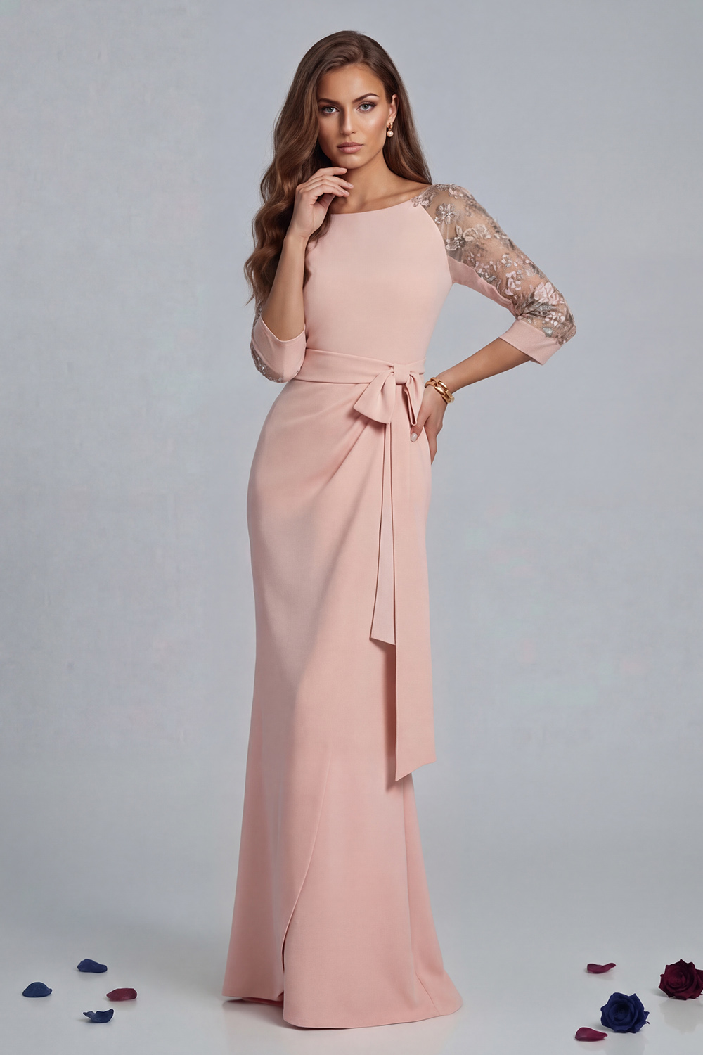 Blush Pink Mermaid Boat Neck Floor-Length Mother of the Bride Dress with Lace