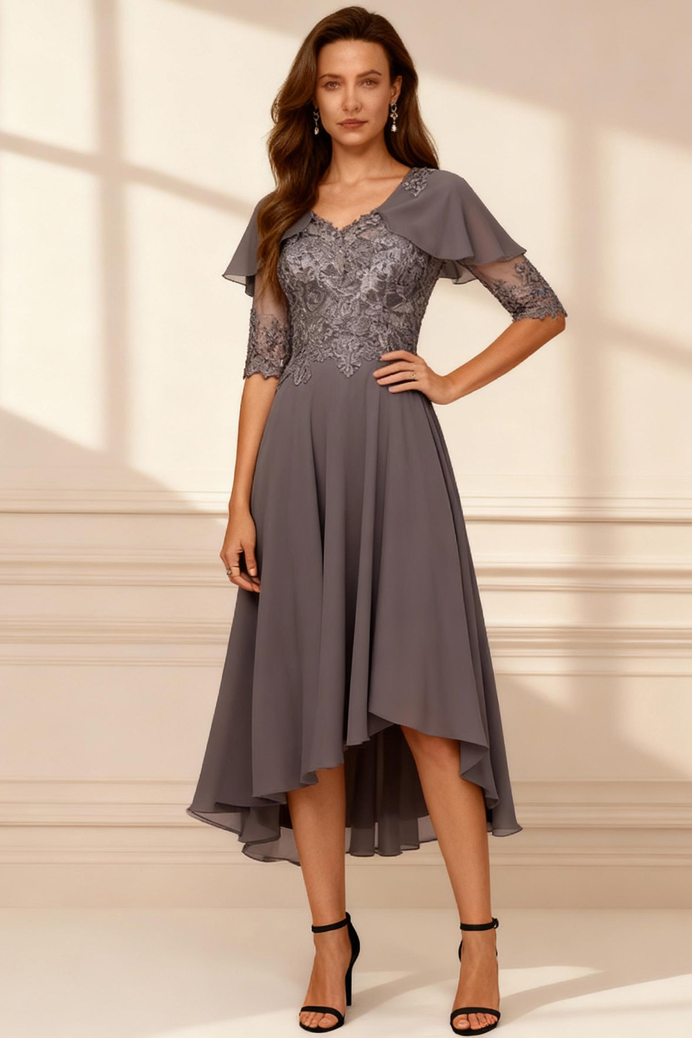 Dark Grey A Line V-Neck Tea-Length Mother of the Bride Dress with Lace