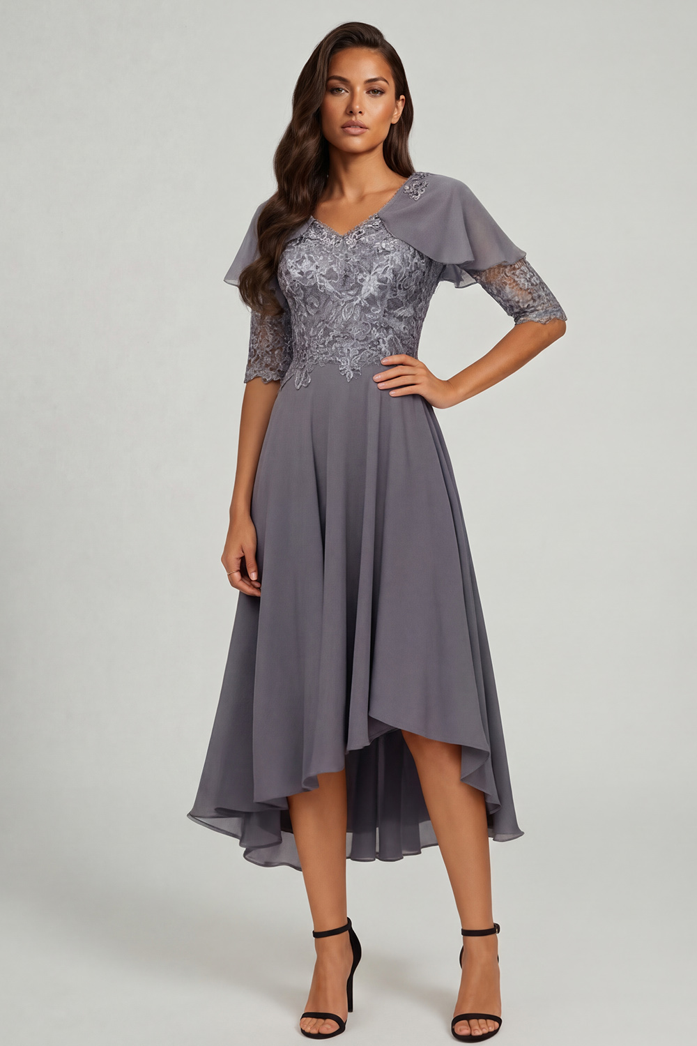 Dark Grey A Line V-Neck Tea-Length Mother of the Bride Dress with Lace