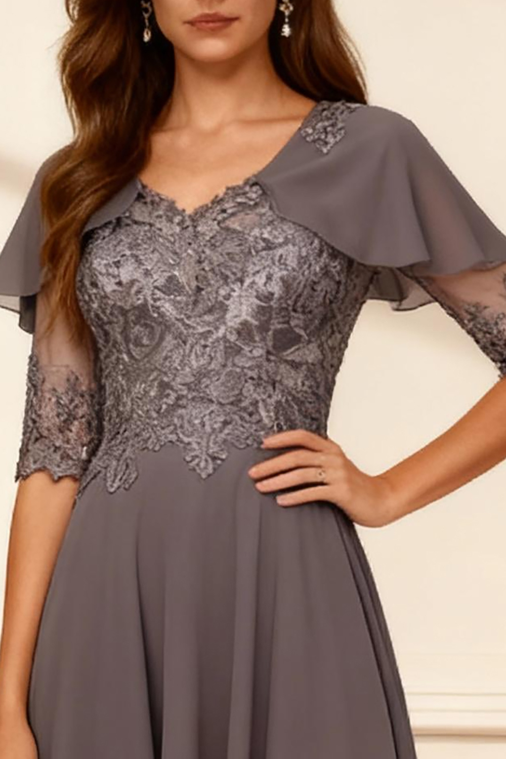 Dark Grey A Line V-Neck Tea-Length Mother of the Bride Dress with Lace