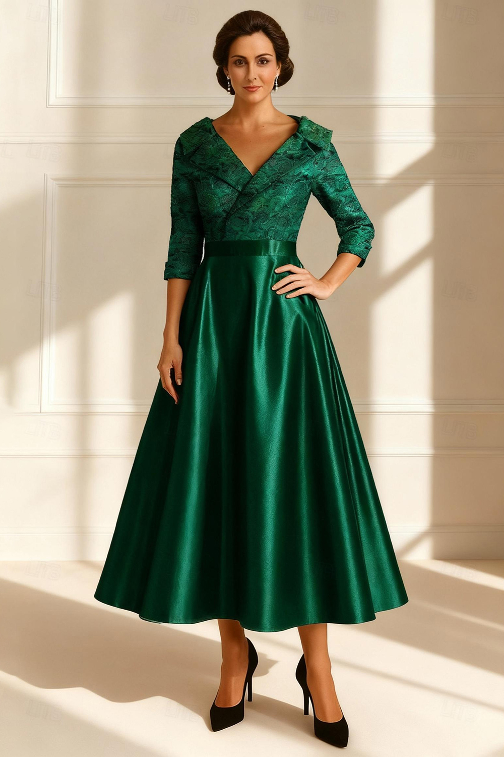 Dark Green Satin A Line Tea-Length Mother of the Bride Dress with Sleeves