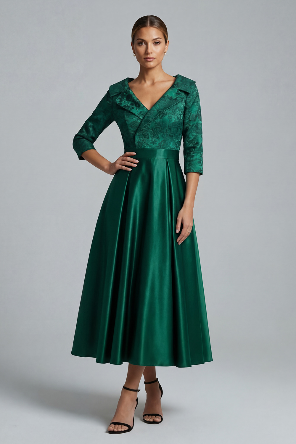 Dark Green Jacquard A Line Tea-Length Mother of the Bride Dress with Sleeves