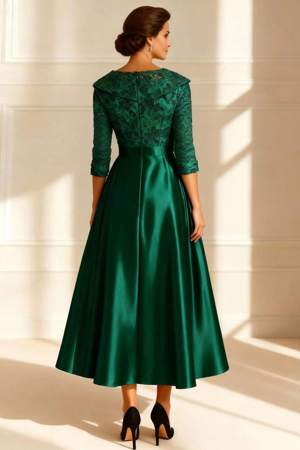 Dark Green Satin A Line Tea-Length Mother of the Bride Dress with Sleeves