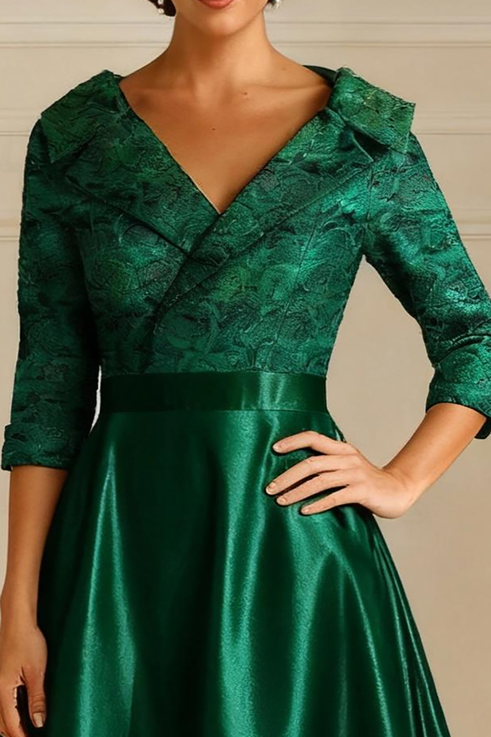 Dark Green Satin A Line Tea-Length Mother of the Bride Dress with Sleeves